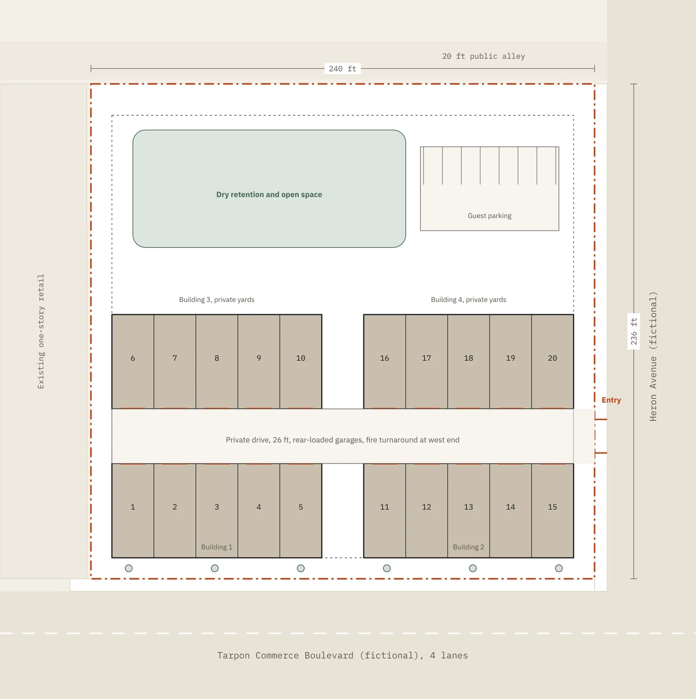 Concept site plan, scheme 3: twenty townhomes in four buildings